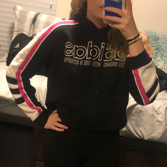 Adidas Cropped Hoodie Sweatshirt Stripes XS - Picture 2 of 8